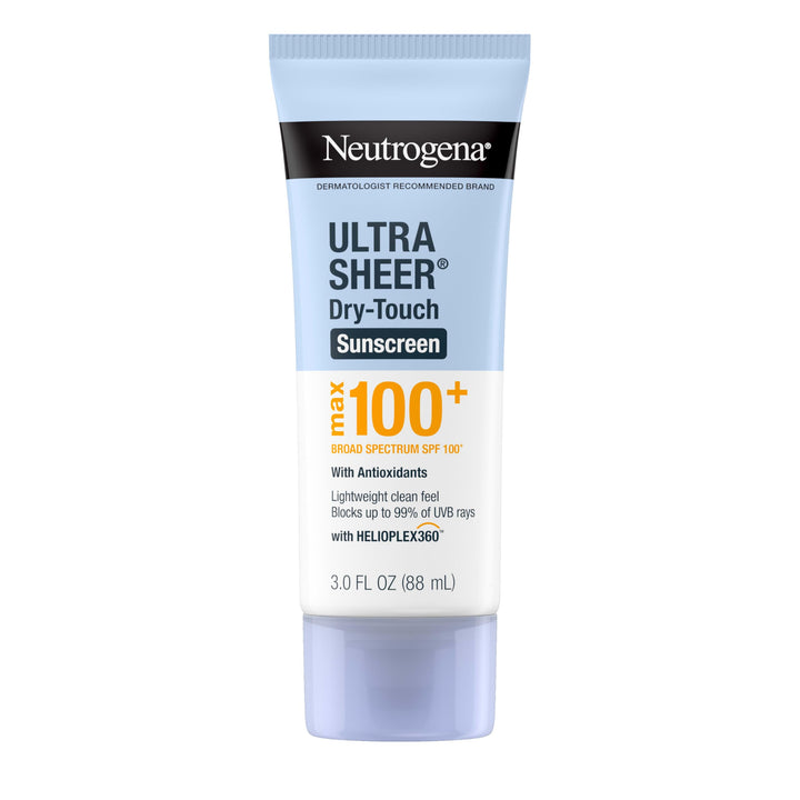 Neutrogena Ultra Sheer Dry-Touch Sunscreen Lotion, Max 100+ Broad Spectrum SPF 100 UVA/UVB Protection, Lightweight, Non-Greasy Sunscreen, Oxybenzone-Free, Antioxidant, Travel Size, 3 fl oz