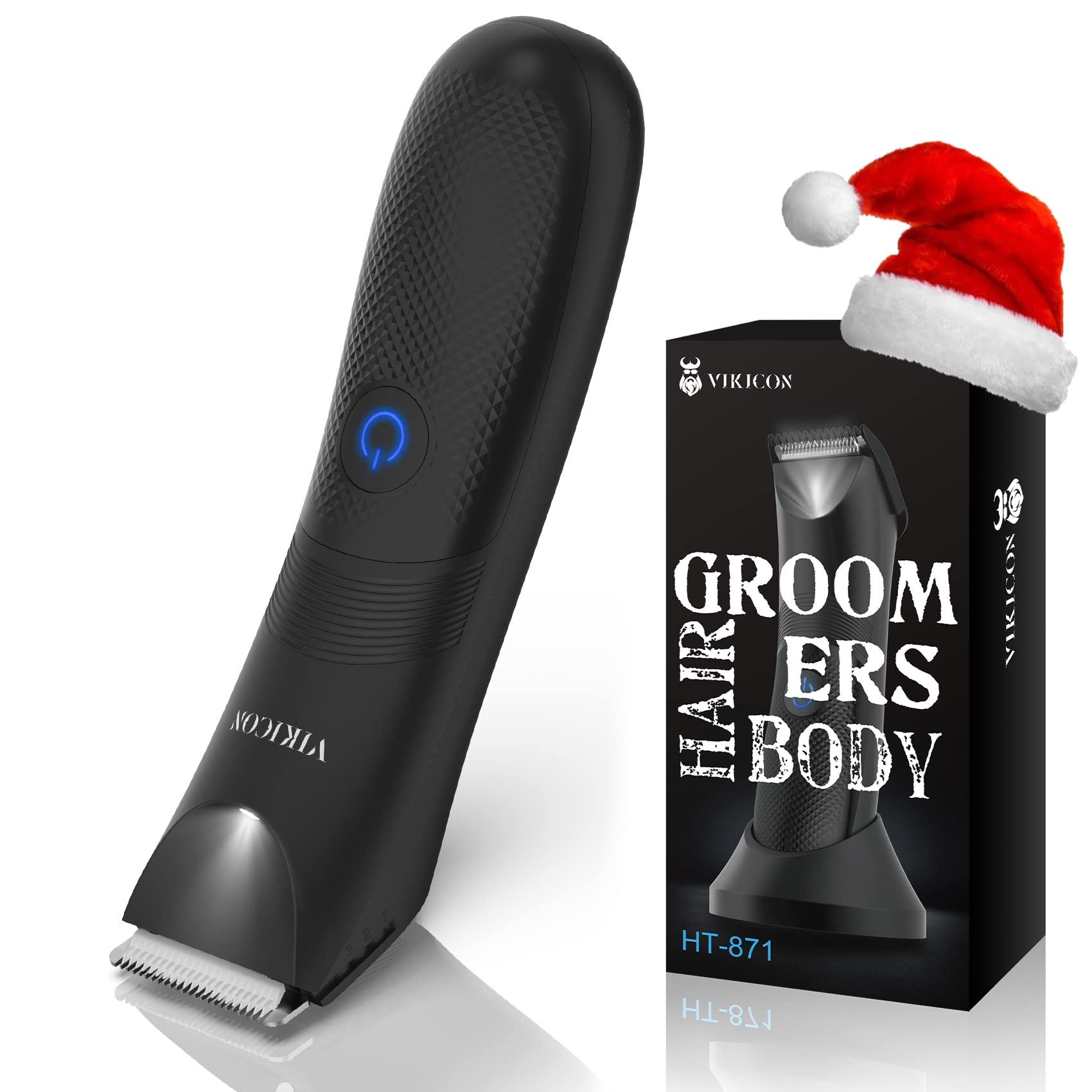 Electric Body Hair Trimmer and Shaver for Men, VIKICON Body Groomer for Groin&Ball w/Lighting, Pubic Hair Trimmer Replaceable Ceramic Blade Heads, Ergonomic Electric Razor IPX7 Waterproof Wet/Dry