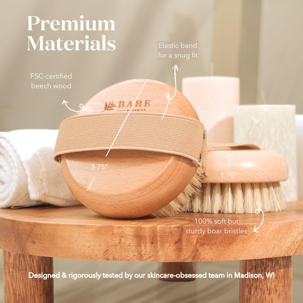 Bare Botanics Dry Body Brush for Lymphatic Drainage - Improve Circulation w/Gentle Exfoliation for Soft Skin - Ergonomically Designed w/Elastic Strap - Soft but Firm Natural Boar Bristles