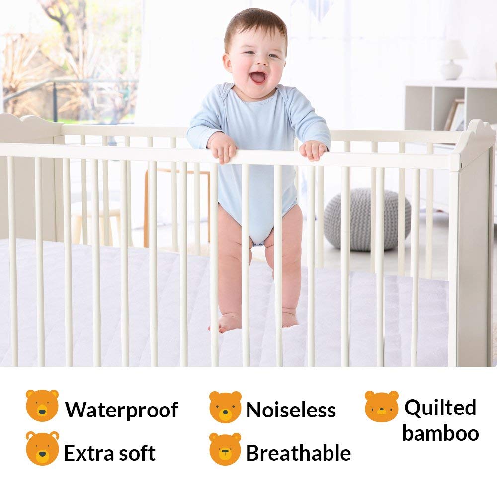 Crib Mattress Protector 100% Waterproof, Noiseless – Viscose Made from Quilted Ultra Soft White Terry Fitted Sheet Style (28x52)