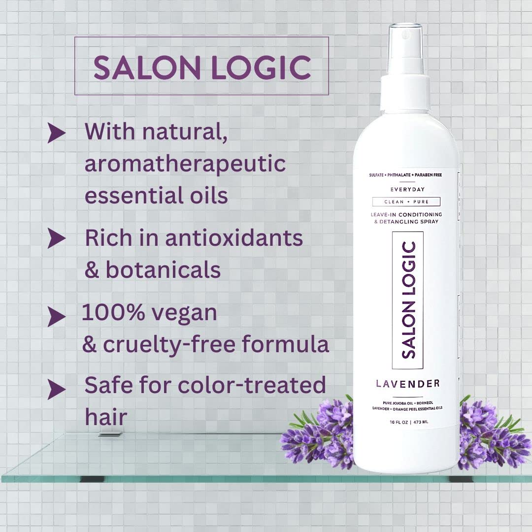SalonLogic Everyday Leave-In Conditioning & Detangling Spray, Lavender - Clean & Pure, Salon Quality, Naturally Scented, Repairs Damaged Hair, Moisturizing Treatment, Safe for Color Treated Hair