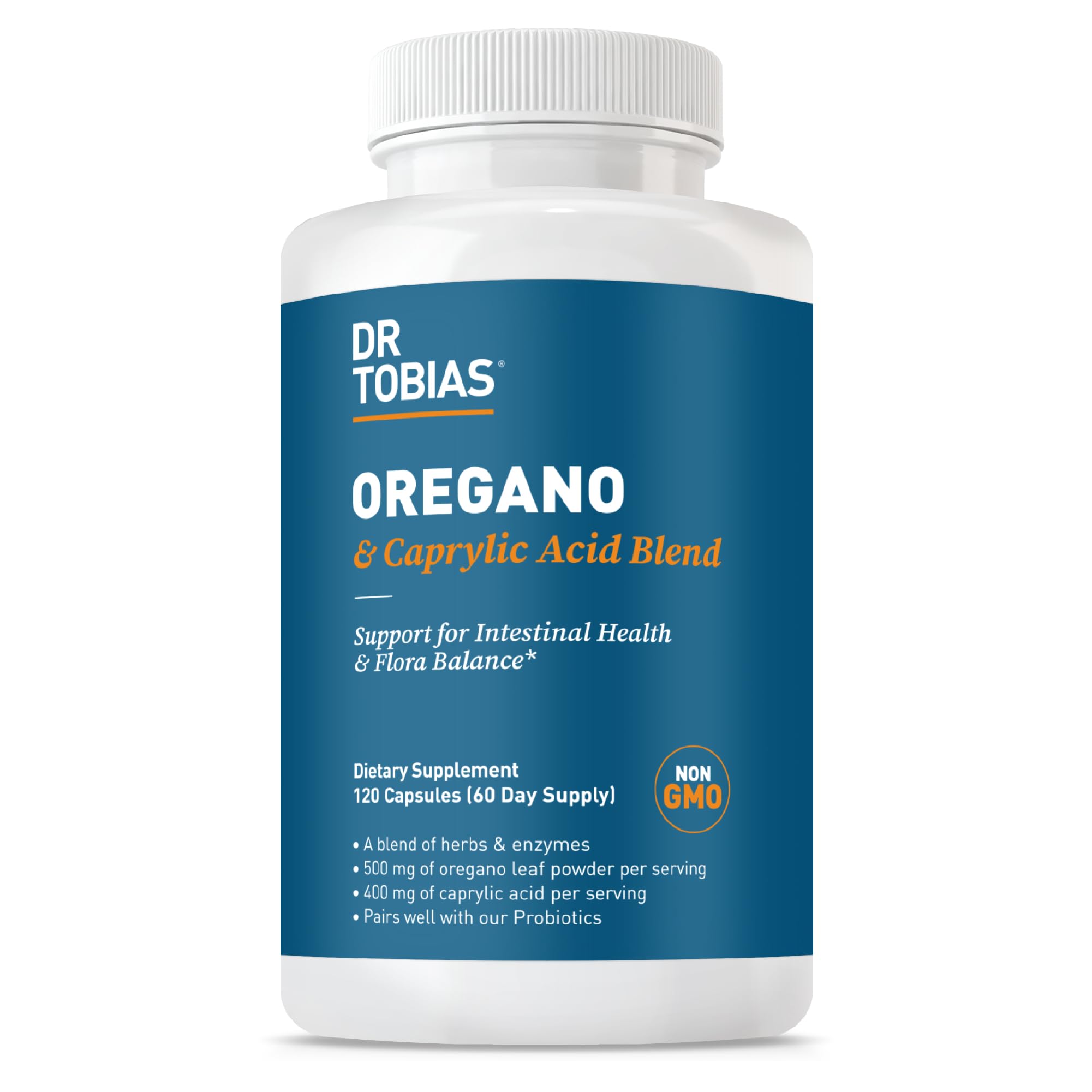 Dr. Tobias Oregano and Caprylic Acid Blend, Gut Flora Balance Complex with Probiotics & Enzymes for Intestinal and Immune Support, Gut Health Supplements for Women & Men, 120 Capsules, 60 Servings