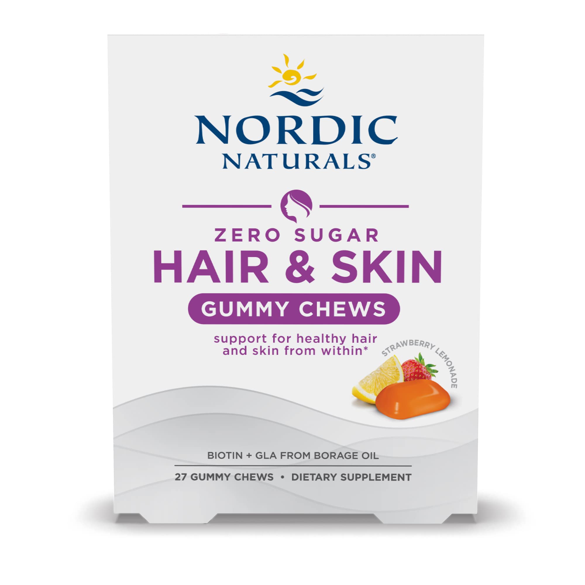 Nordic Naturals Zero Sugar Hair & Skin Gummy Chews, Strawberry Lemonade - 27 Gummy Chews - Biotin + GLA from Borage Oil - Promotes Healthy Balance of Fats in Skin - Non-GMO - 27 Servings