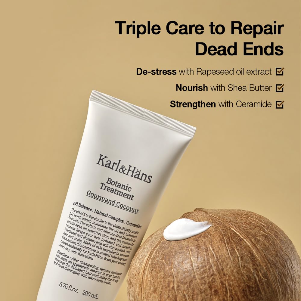 Karl&Hans Botanic Gourmand Coconut Conditioner Hair Treatment - Organic, Silicone-Free, Moisturizing with Ceramide, Coconut Oil & Natural Extracts for All, Dry, Damaged, Frizzy Hair, 6.76 fl oz