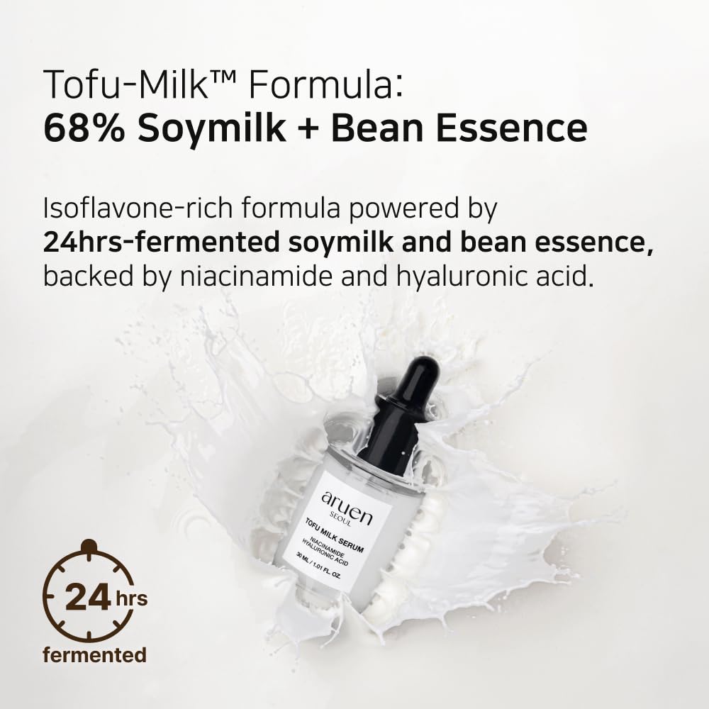 ARUEN Bean Essence Tofu Milk Serum | Korean Skincare | 68% Fermented Soy Milk with Niacinamide, Hyaluronic Acid, Retinol Alternative | Fragrance-Free & Vegan | For Korean Glass Skin (1.01 fl.oz/30ml)