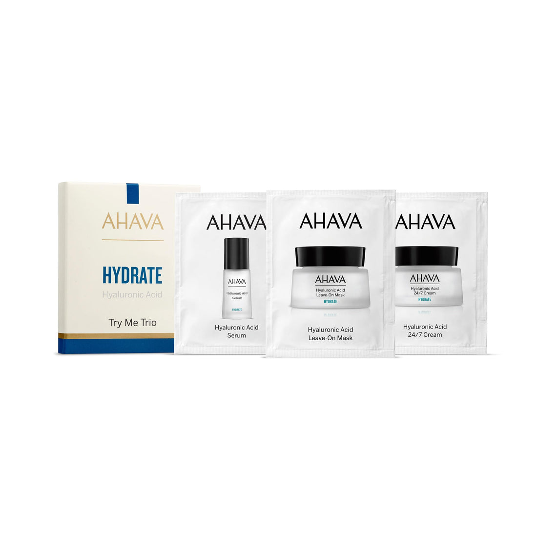 AHAVA Hyaluronic Acid Hydrate Sachet Kit - HA Serum, Leave on Mask & 24/7 Face Cream, Boosts Hydration, Long Time Wrinkle Prevention, Softens & Refine Skin's Texture with Osmoter and ATPeptides | 3ml