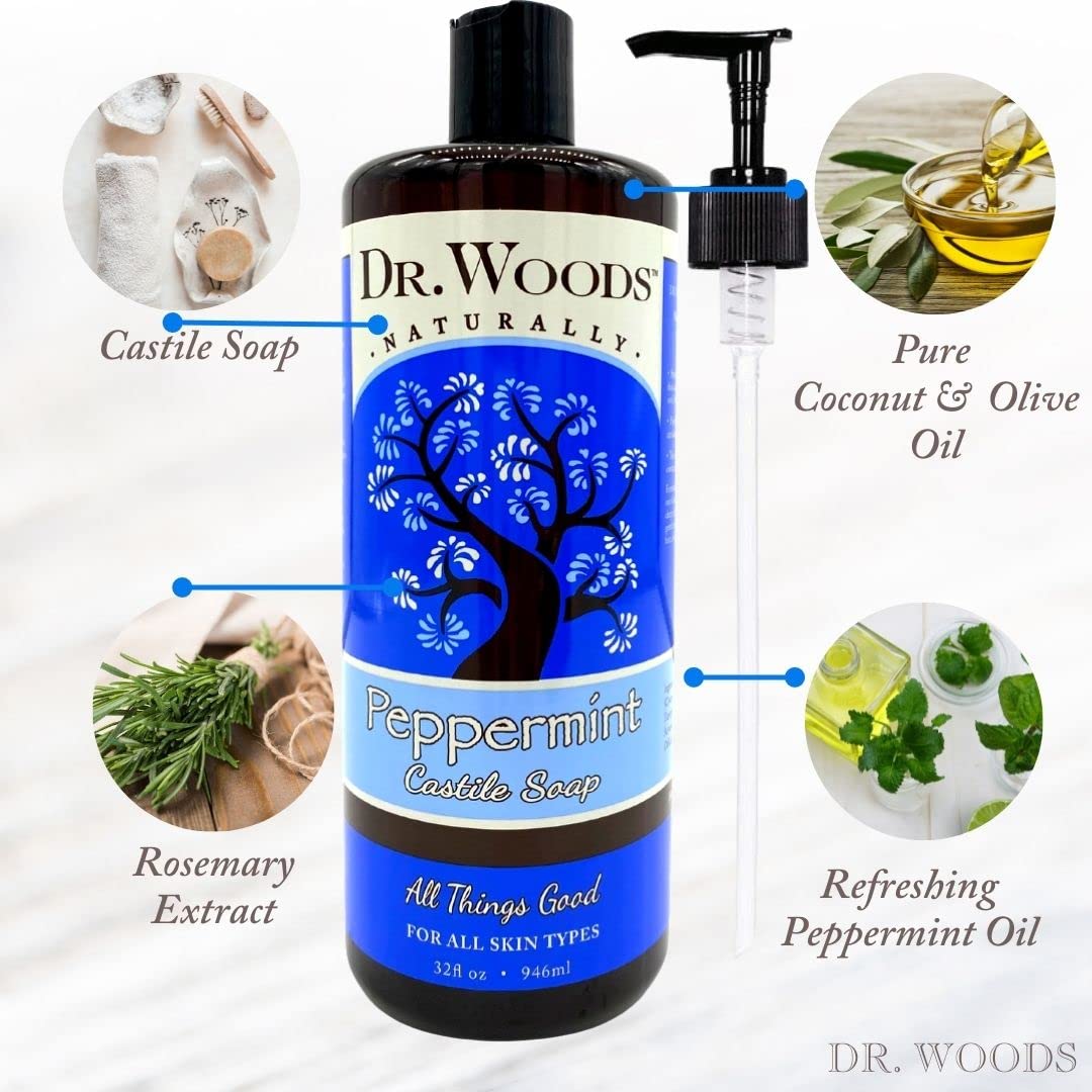 Dr. Woods Pure Peppermint Liquid Castile Soap with Pump, 32 Ounce