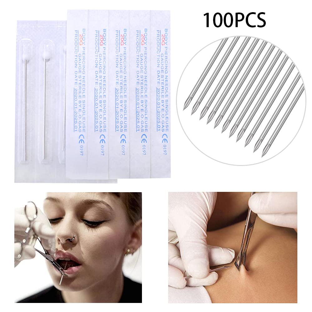 Peslief Piercing Needles, 100Pcs 14G Stainless Steel, Professional Piercing Needles for Body Ear Navel Nose Lip Nipple