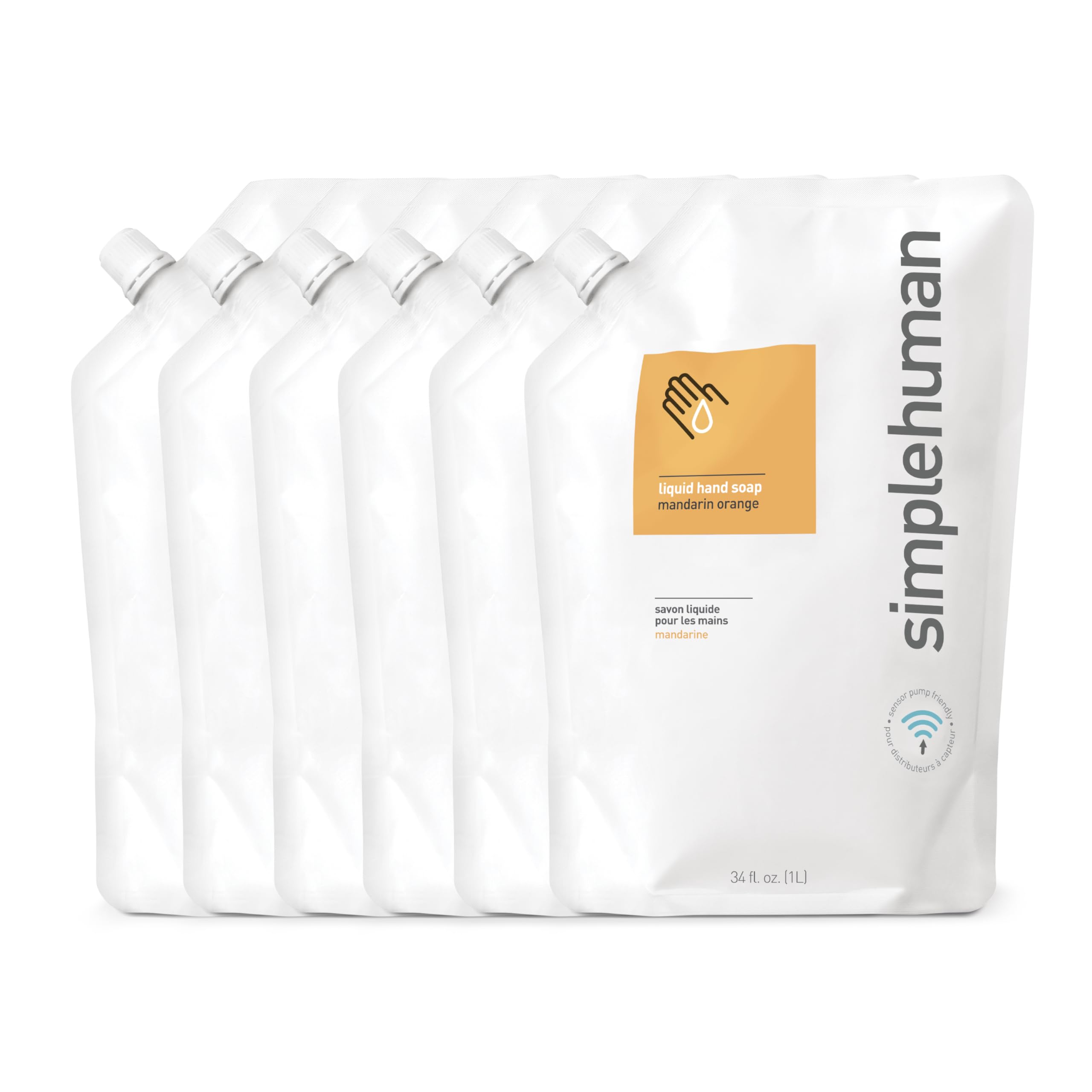 simplehuman Mandarin Orange Moisturizing Liquid Hand Soap Refill Pouch, 34 Fl. Oz. (Pack of 6)
