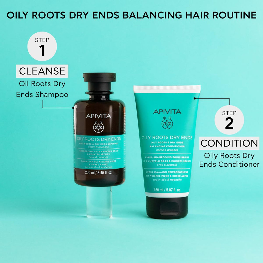 Apivita Oily Roots and Dry Ends Shampoo 8.45 Fl.oz. | Natural Honey & Panthenol Shampoo for Oiliness Balancing and Split-Ends Repairing | Leaves Hair Smooth, Lightweight and Full of Volume