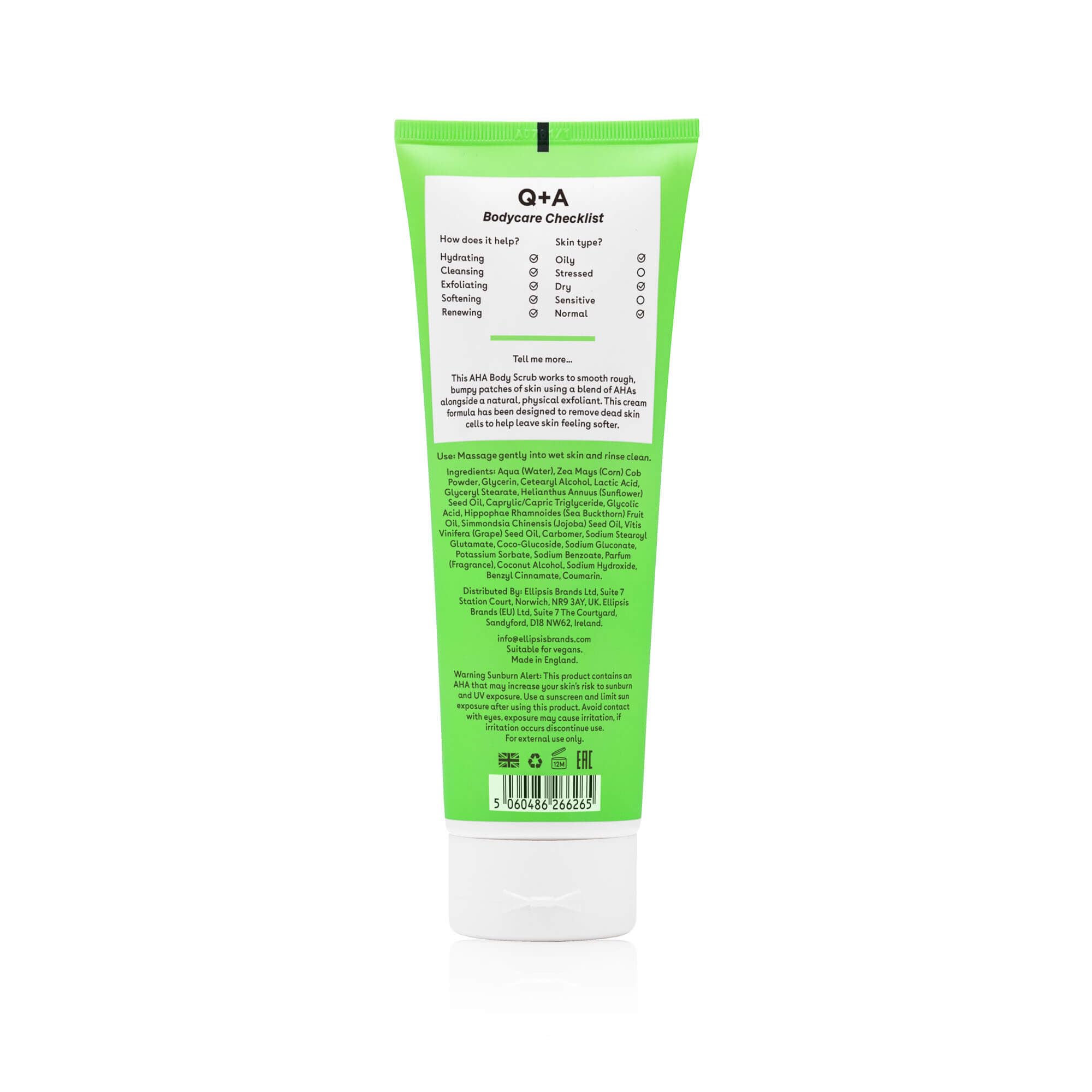 Q+A AHA Exfoliator Body Scrub, blend of AHA’s Lactic Acid and Glycolic Acid combined with exfoliants, improves skin texture and promotes soft and supple skin, 250ml