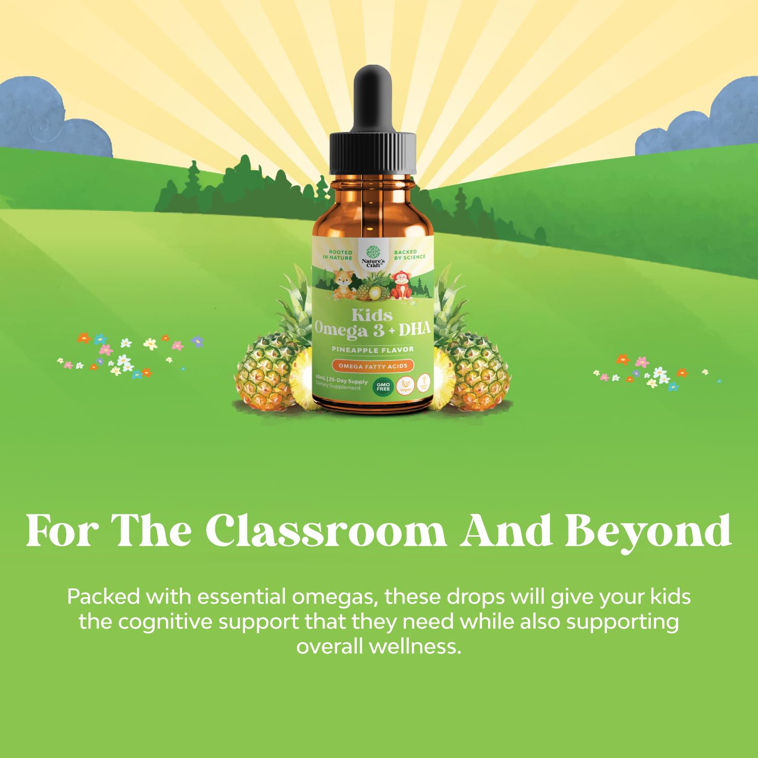 Kids DHA Omega 3 Drops - Fatty Acids Omega 3 6 9 for Brain, Immunity & Vision - Nutritional DHA for Kids for Healthy Nervous System & Focus Support - Vegan Liquid Supplement with EPA & ALA - 2 Fl Oz