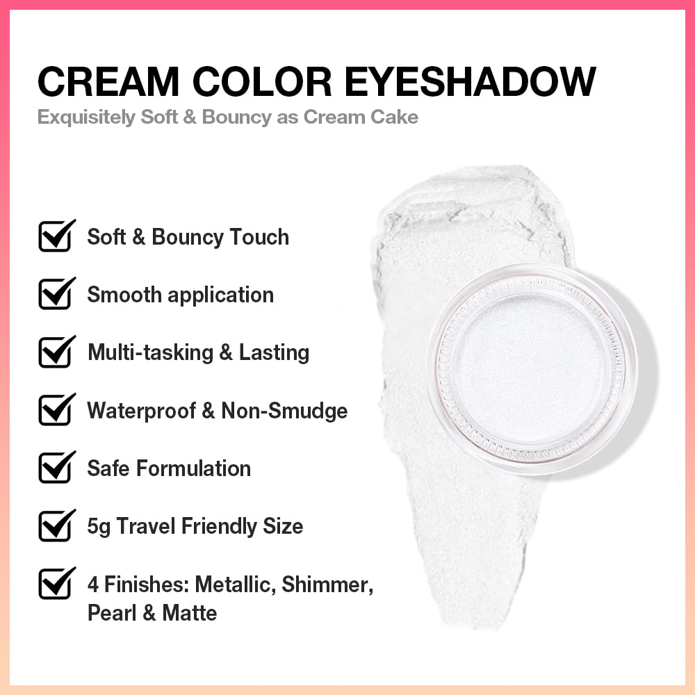Kaely Single Cream Eyeshadow Pot, Pearl White Sparkle Highly Pigmented Monochrome Eye Shadow Palette Makeup, Waterproof Natural Mini Eyeshadow Brightener, sombras en crema para ojos, Blendable, 01