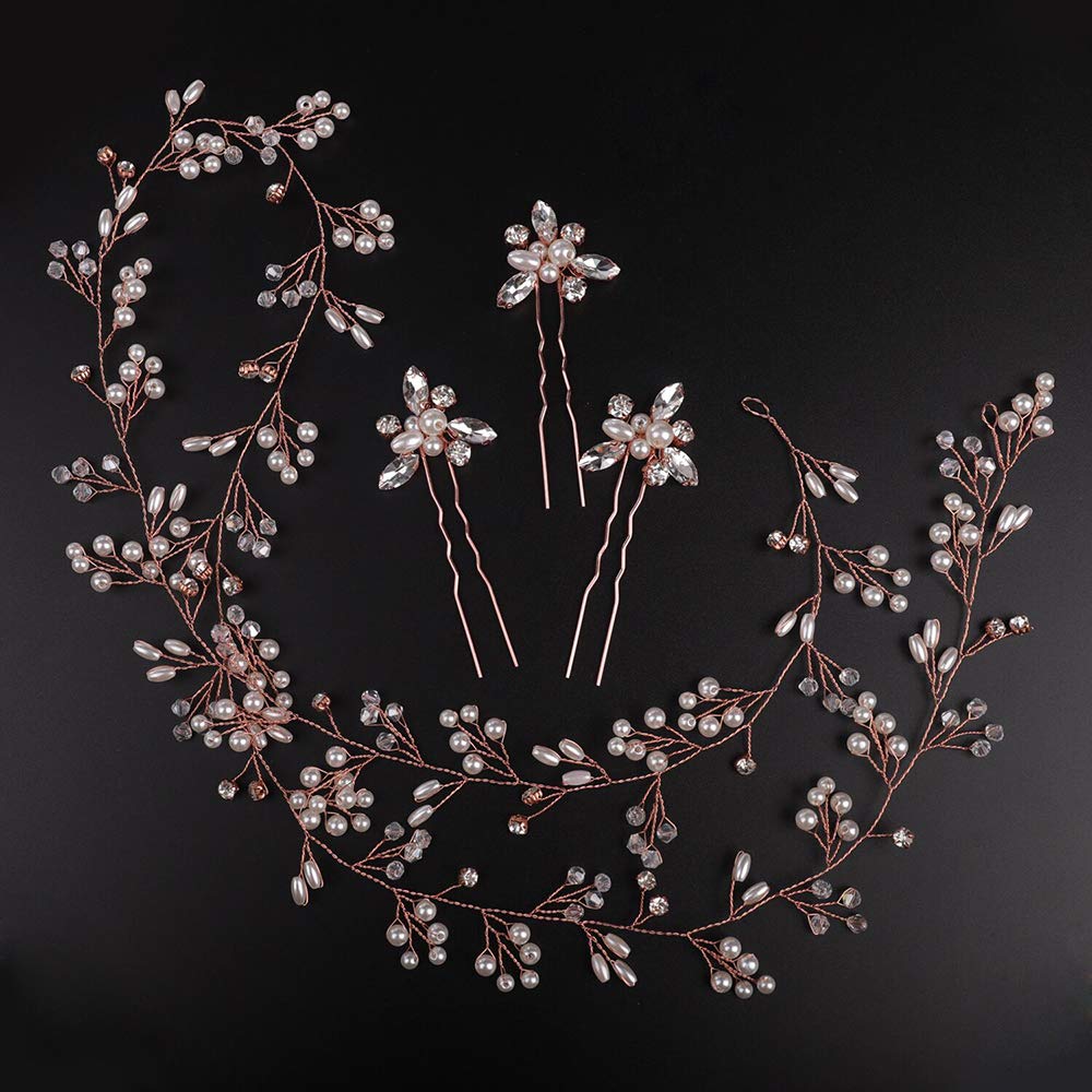 Deniferymakeup Bridal Rose Gold and Gold Silver Extra Long Pearl and Crystal Beads Bridal Hair Vine Wedding Head Piece Bridal Hair Accessories Headband Hair Jewelry Hair Accessories (Rose gold)