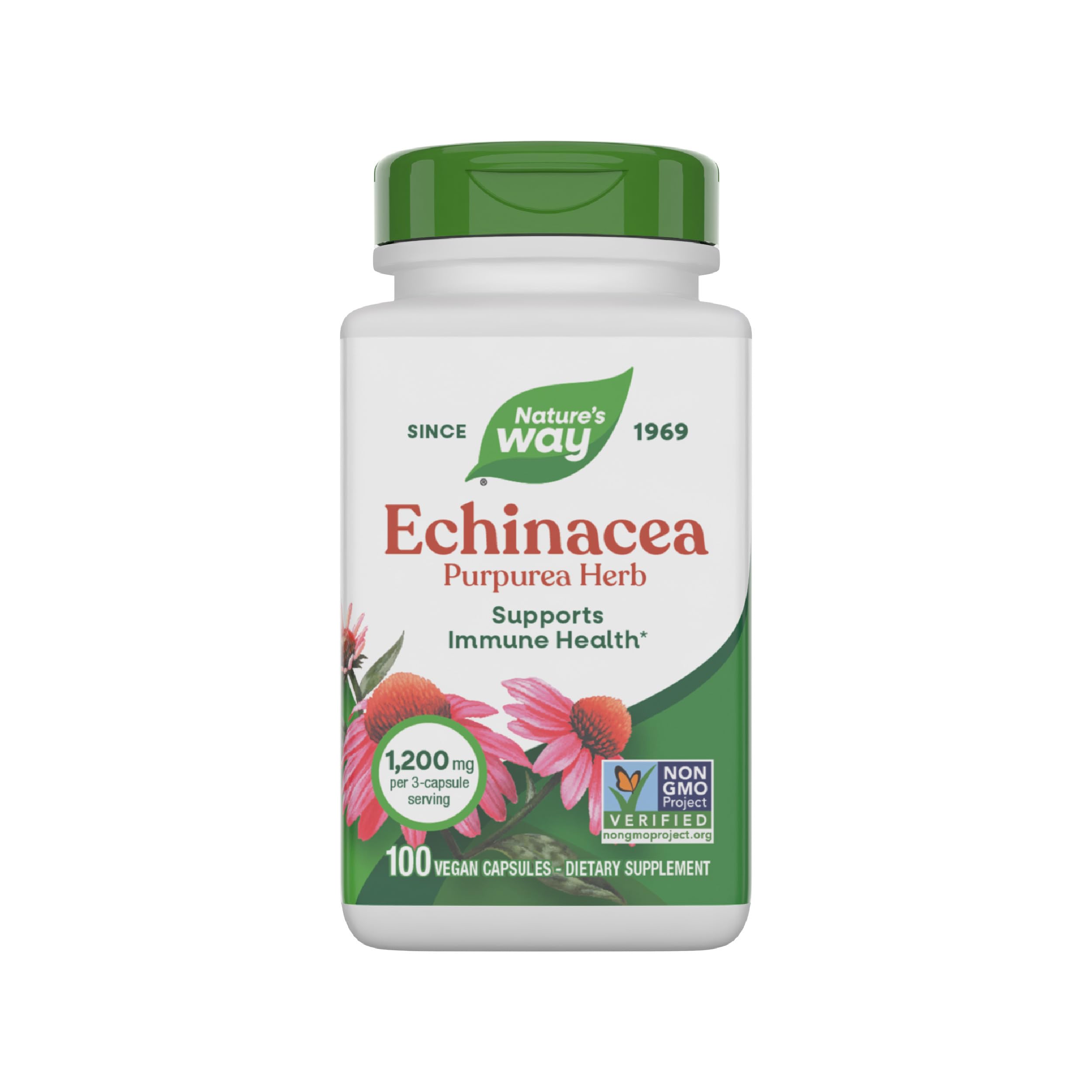 Nature's Way Echinacea Purpurea Herb, Immune Support Supplement*, 1200 mg per 3-capsule serving, Non-GMO Project Verified, Vegan, 100 Capsules (Packaging May Vary)