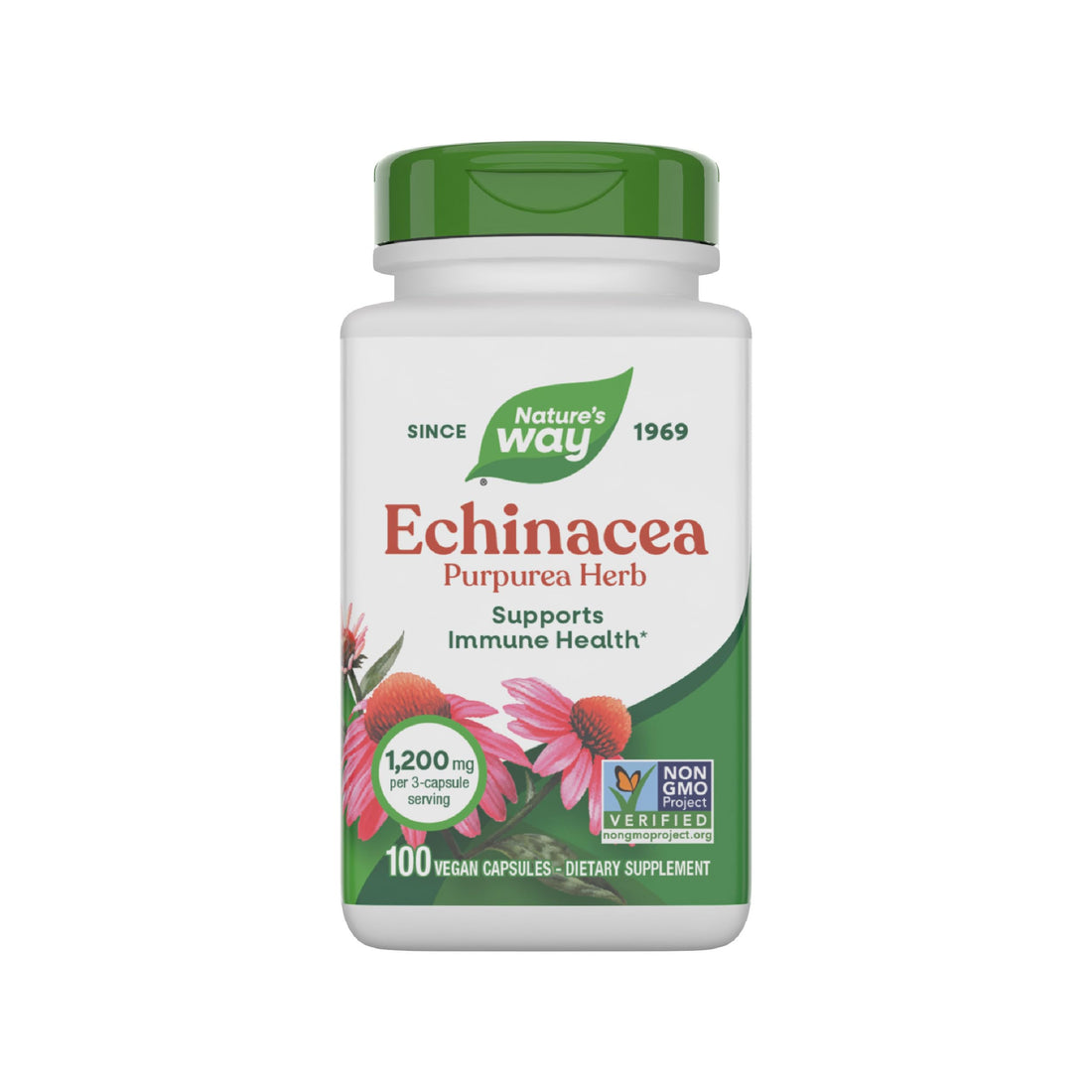 Nature's Way Echinacea Purpurea Herb, Immune Support Supplement*, 1200 mg per 3-capsule serving, Non-GMO Project Verified, Vegan, 100 Capsules (Packaging May Vary)