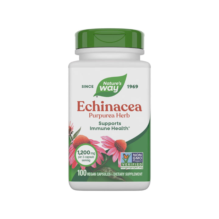 Nature's Way Echinacea Purpurea Herb, Immune Support Supplement*, 1200 mg per 3-capsule serving, Non-GMO Project Verified, Vegan, 100 Capsules (Packaging May Vary)