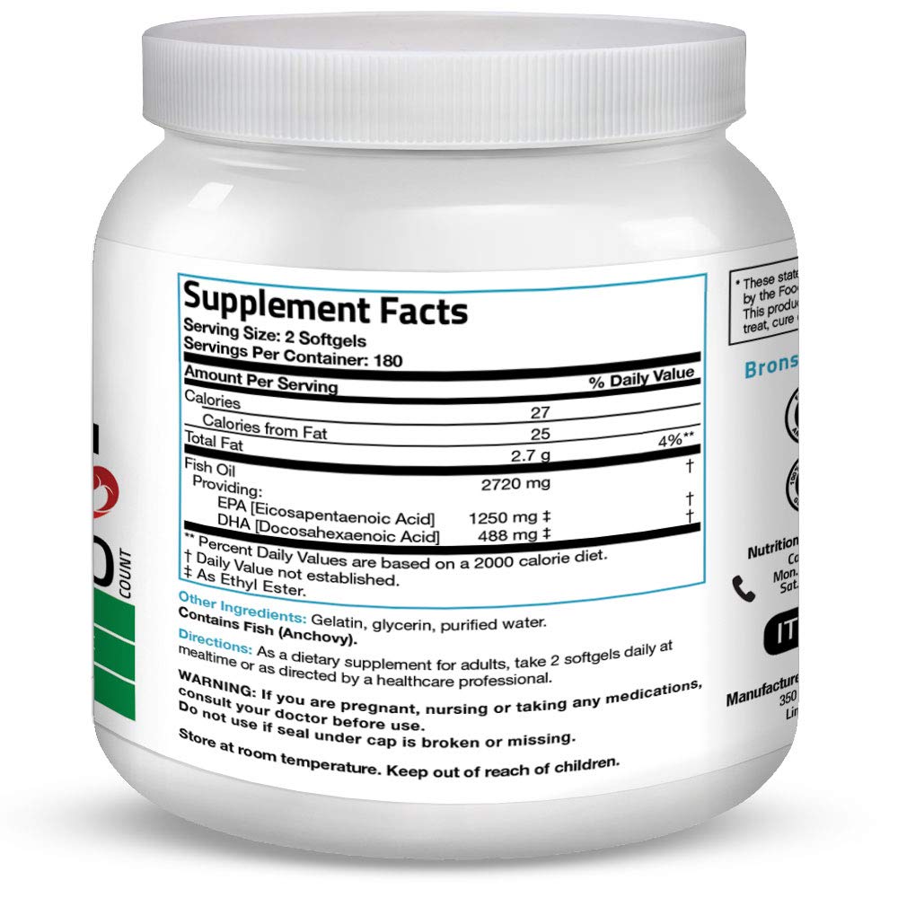 Bronson Omega 3 Fish Oil Triple Strength 2720 mg, High EPA 1250 mg DHA 488 mg, Non-GMO Heavy Metal Tested, 360 Softgels