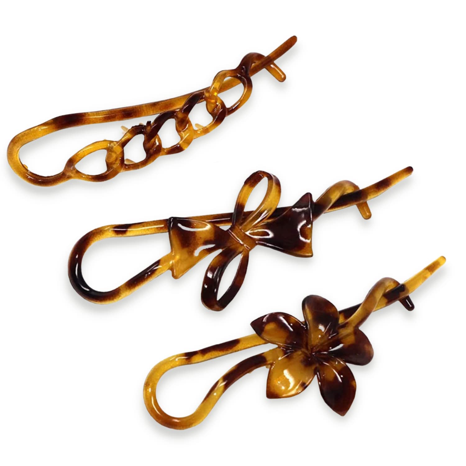Parcelona French Twist n Clip Flower, Bow and Chain Savana Celluloid Acetate Set of 3 Metal Free Hair Clip Barrettes