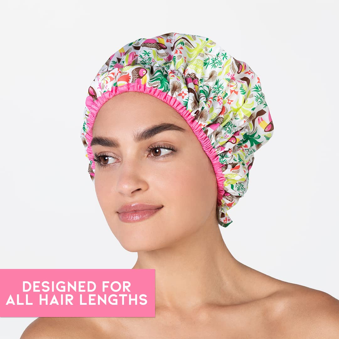 Reusable Shower Cap & Bath Cap & Lined, Oversized Waterproof Shower Caps Large Designed for all Hair Lengths with PEVA Lining & Elastic Band Stretch Hem Hair Hat - Fashionista Tropical
