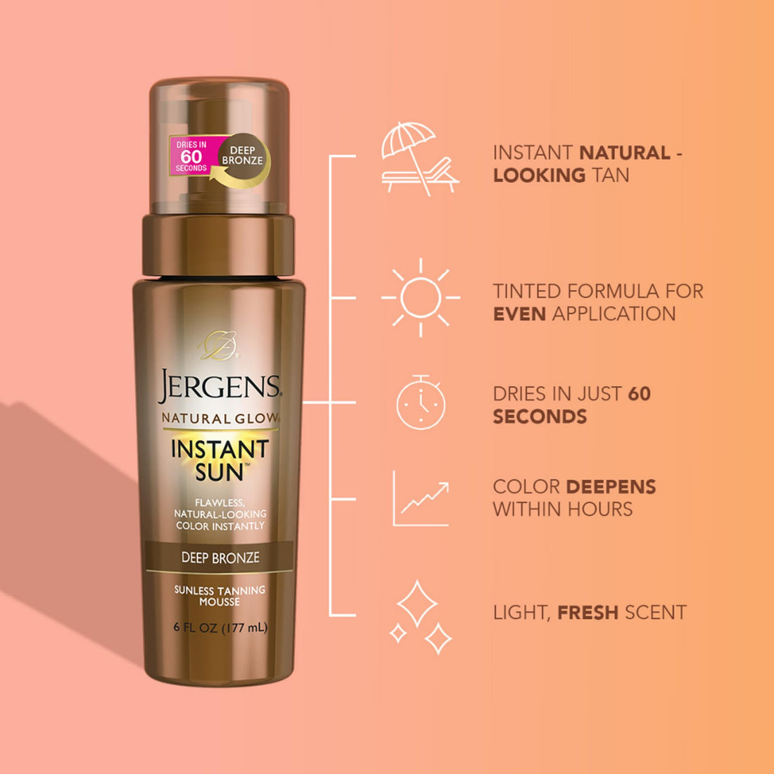 Jergens Natural Glow Instant Sun Body Mousse, Deep Bronze Tan, 6 Ounce Sunless Self-tanner, for a Natural-looking Tan