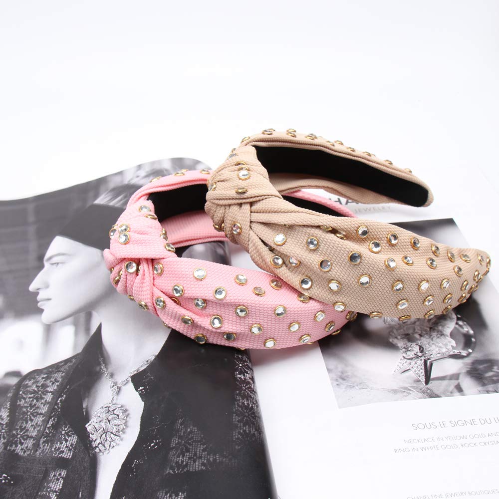 Knot Headbands for Women Knotted Pearl Colorful Rhinestone Jeweled 2 Pcs Beaded Wide Band Fashion Headbands For Girl Bohemian Hairband