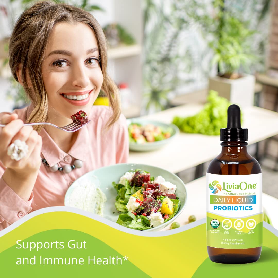 LiviaOne Daily Liquid Probiotics, USDA-Certified Organic Probiotics, Allergen- and Gluten-Free Vegan Probiotic for Women and Men, Non-GMO and Raw, 2 Fl Oz (Pack of 1)
