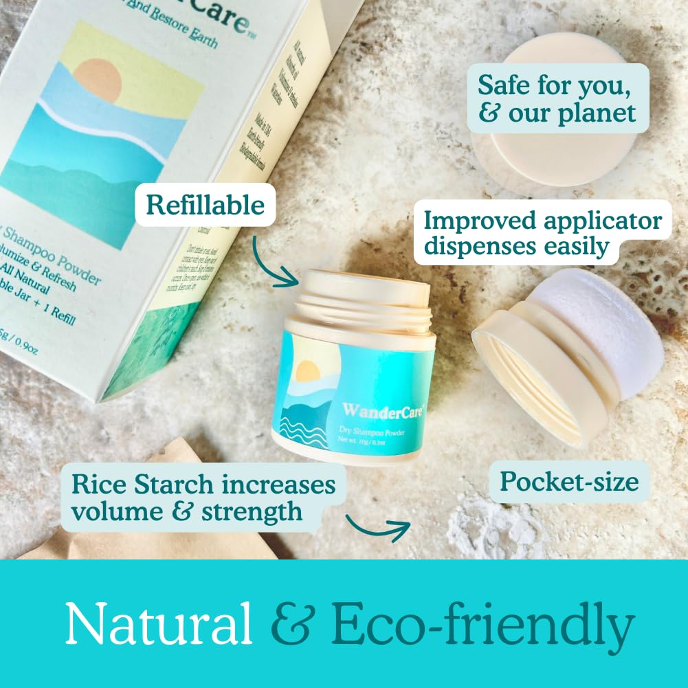 Dry Shampoo Volume Powder | Natural, Eco-friendly, Non Aerosol, Refillable | USA-Made | Refreshes, Volumizes | For Light, Medium or Dark Hair | 1 Refillable Jar + 1 Plastic-free Refill