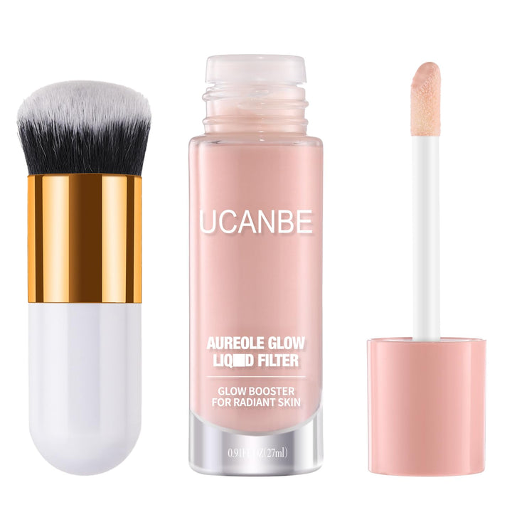 UCANBEMAKEUP Halo Glow Liquid Filter, Primer Complexion Radiance Booster for A Glowing, Soft-Focus Look, Vegan & Cruelty-Free, #02 Fair/Light with Brush