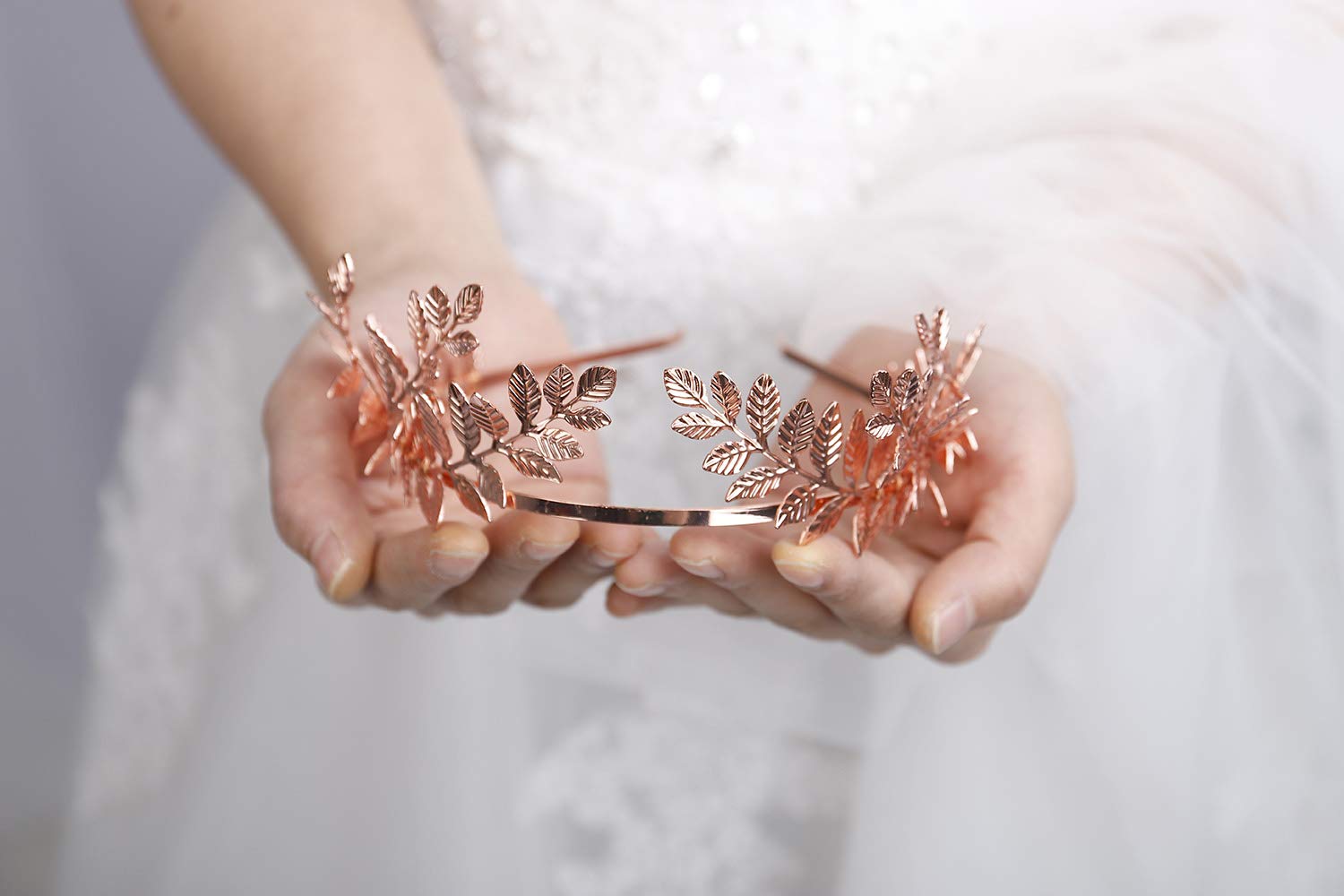 fxmimior Handmade Bridal Wedding Crown Leaf Headband Women Crystal Tiara Headpiece Wedding Hair Accessories for Women (rose gold)