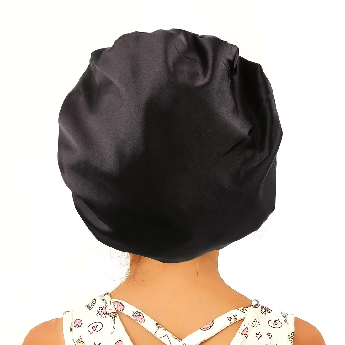 Sent Hair Kids Satin Bonnet Sleep Cap for Natural Hair Double Layers Hair Bonnet Wide Elastic Band Night Sleep Hat for Baby Toddler Child Teens (Black,Color Fixed)