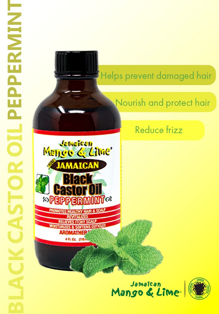 Peppermint Black Castor oil – Jamaican Mango & Lime – fast absorbing, nourishing natural oil, moisturizes dry flaky scalp & softens skin - relieves itching, repair & prevent breakage 4 oz