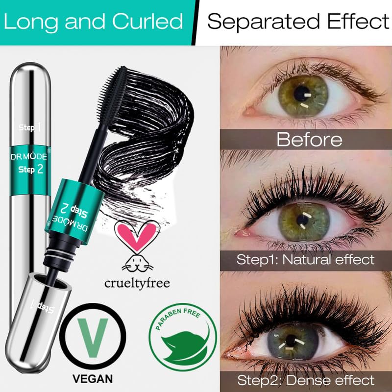 4D Silk Fiber Mascara - 2 in 1 Mascara Black Length 5X Longer, Natural and False Effect Look in One Long Lasting Mas Cara Makeup for Women