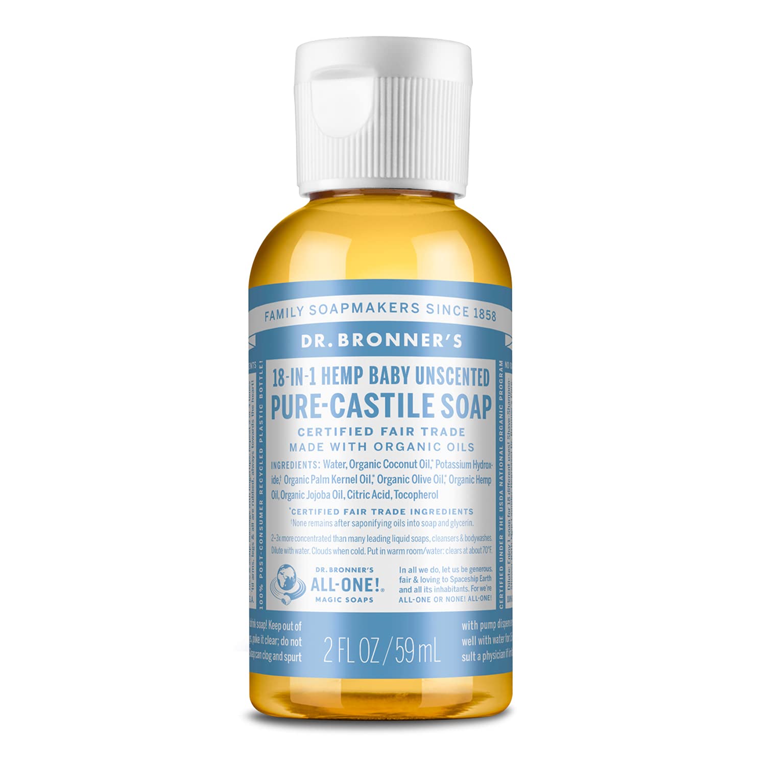 Dr. Bronnerââ‚¬â„¢s - Pure-Castile Liquid Soap (Baby Unscented, Travel Size, 2 ounce) - Made with Organic Oils, 18-in-1 Uses: Face, Body, Hair, Laundry, Pets and Dishes, Concentrated, Vegan, Non-GMO