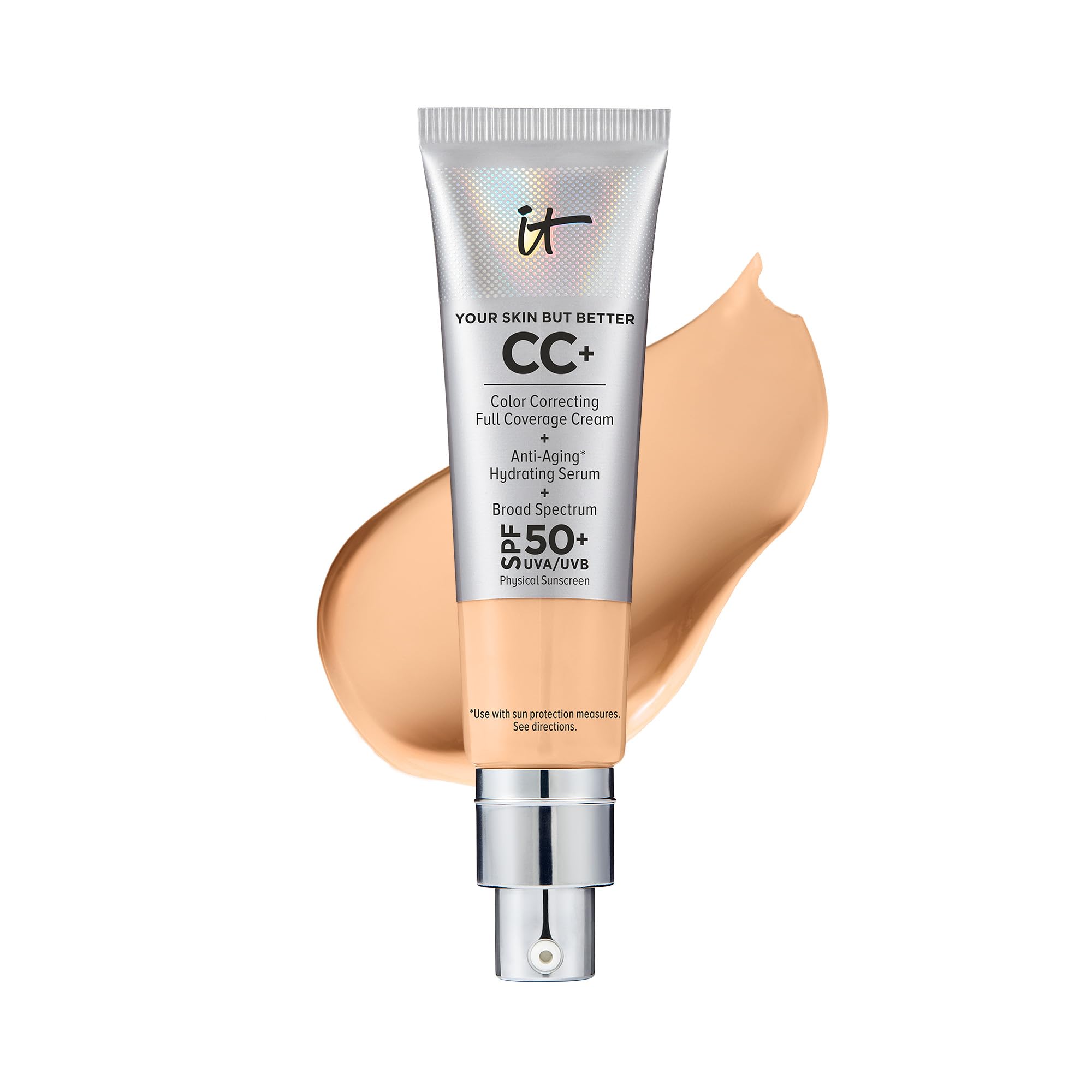 IT Cosmetics Your Skin But Better CC+ Cream, Light Medium Warm - Color Correcting Cream, Full-Coverage Foundation, Hydrating Serum & SPF 50+ Sunscreen - Natural Finish - 1.08 fl oz
