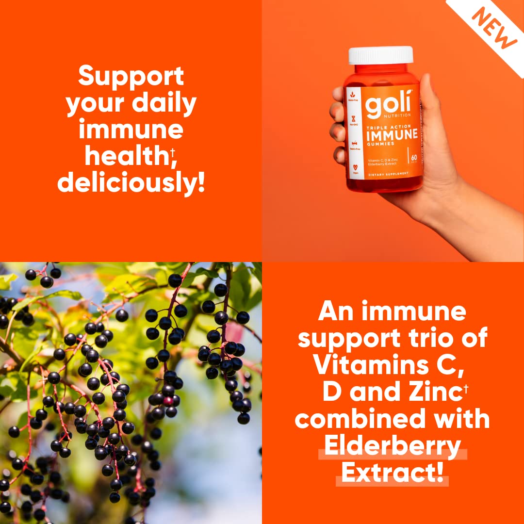 Goli Immune Vitamin Gummy - 180 Count - Elderberry, Vitamin C, D & Zinc, Vegan, Non-GMO, Gluten-Free & Gelatin-Free, Pack of 3