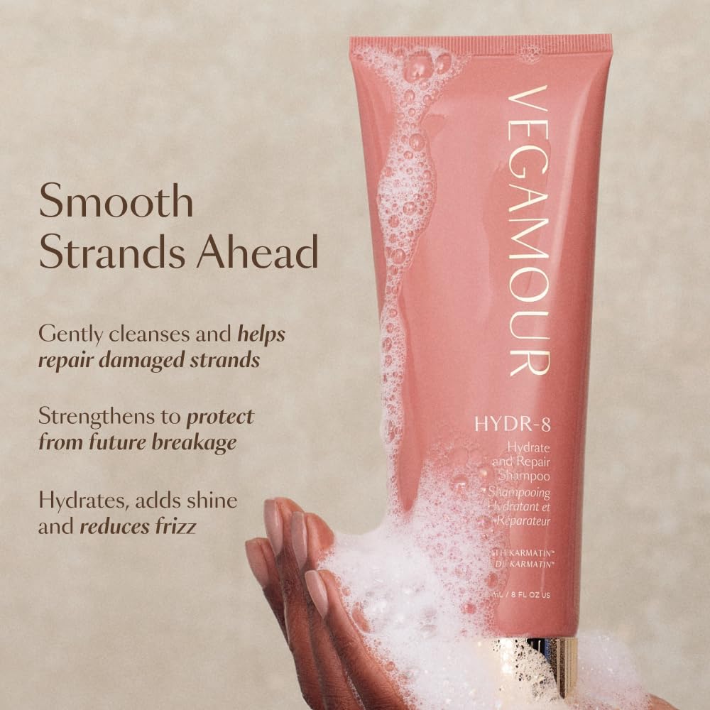 VEGAMOUR HYDR-8 Hydrate & Repair Shampoo, Hydrating Shampoo for Dry, Damaged Hair Formulated Without Sulfates and with Vegan Keratin, Floral & Vanilla Scent 8 fl. oz.