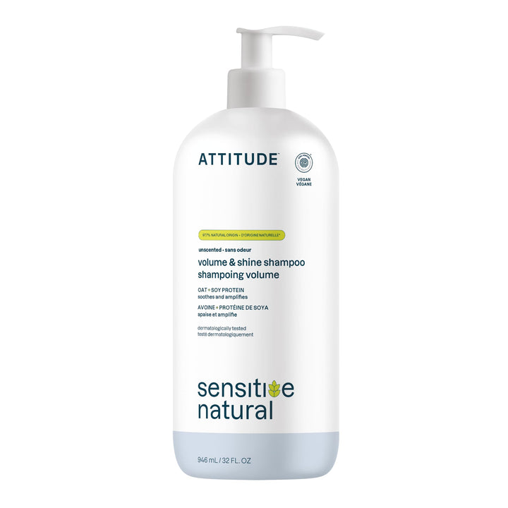 ATTITUDE Hair Shampoo for Sensitive Dry Scalp, EWG Verified, Soothing Oat, For Thin Hair, Naturally Derived Ingredients, Vegan and Plant-Based, Volume and Shine, Unscented, 32 Fl Oz