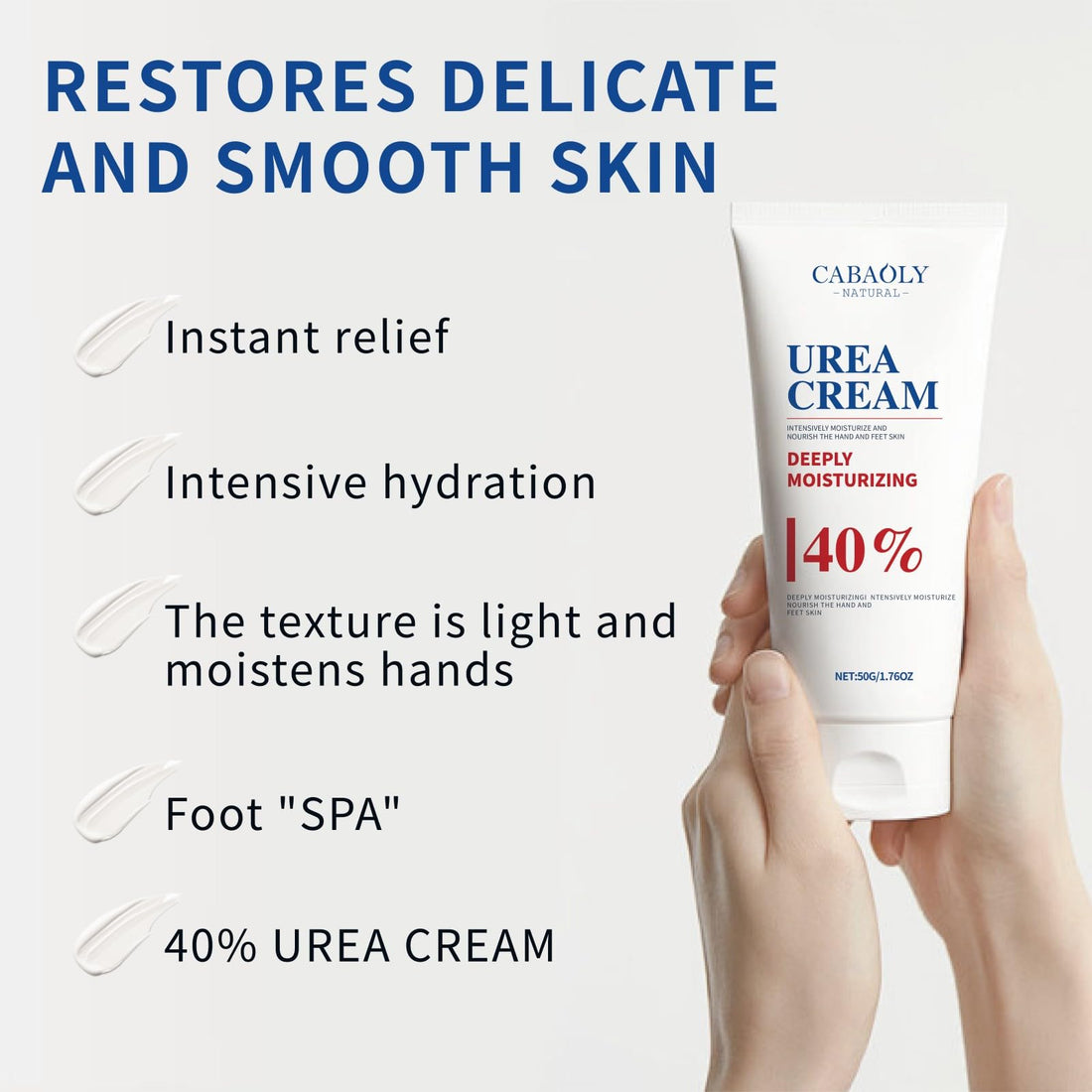 CABAOLY Urea Cream 40% is suitable for the repair and care of dry and cracked feet, heels, knees, elbows and hands. Portable hand cream with moisturizing properties