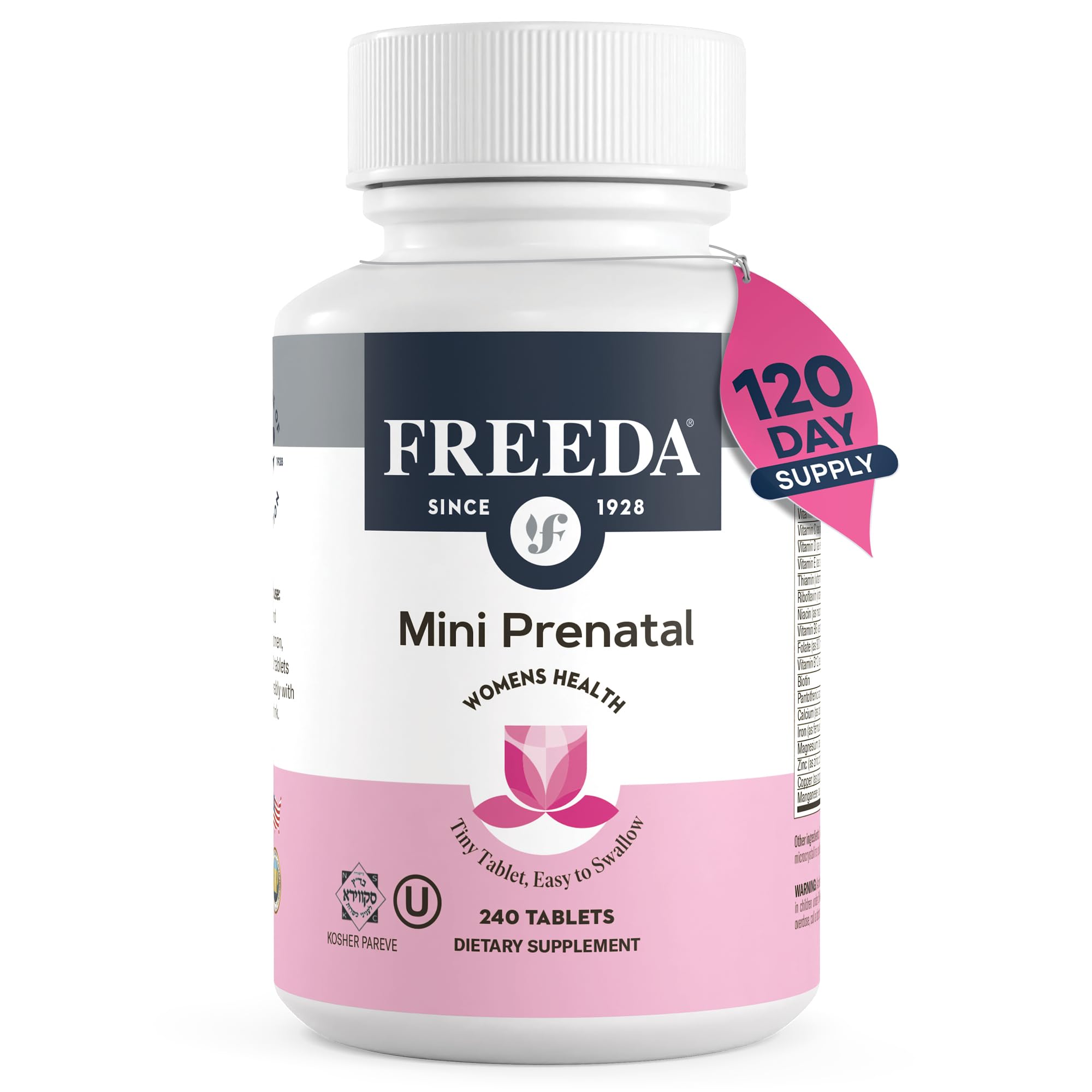 FREEDA Mini Prenatal Vitamin - Kosher Prenatals -Tiny Easy to Swallow Tablets - Prenatal Vitamins with Iron, Prenatal Folic Acid/Folate, Vitamin D - Pre Natal Multivitamin for Pregnant Women (240)