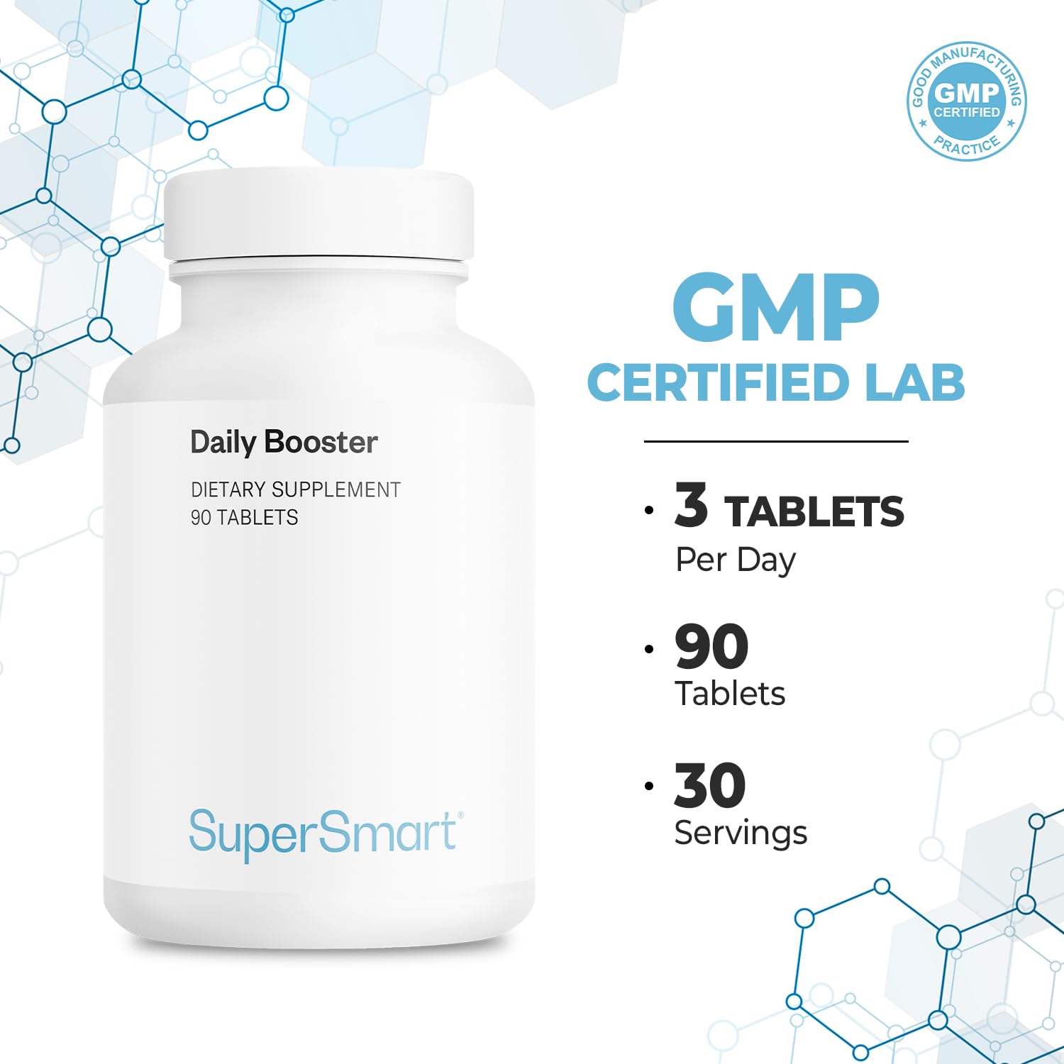 Supersmart - Daily Booster - with PQQ, Acetyl L-Carnitine & R-Lipoic Acid - Boost Your Daily Multivitamin Supplement | Non-GMO & Gluten Free - 90 Tablets