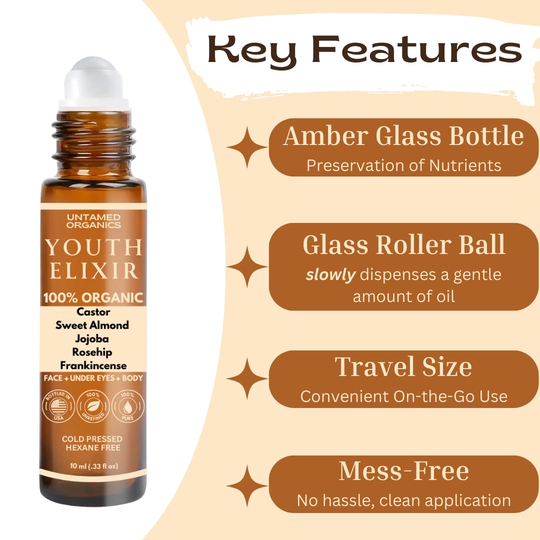 Untamed Organics Youth Elixir - Roll On Facial Serum For Under Eyes and Face with Certified Organic, Cold Pressed, Hexane Free Castor, and Frankincense Oil - Miracle Anti-Aging Oil 10mL