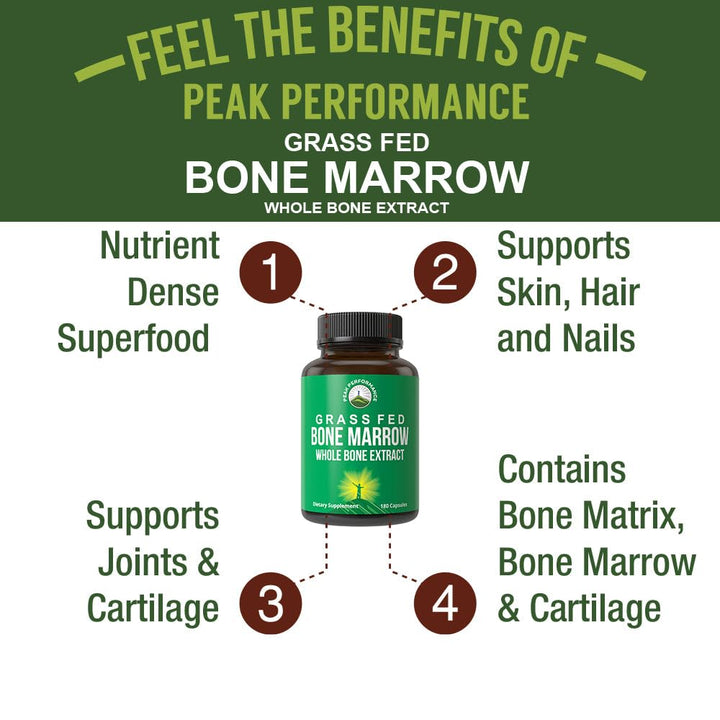 Peak Performance Grass Fed Bone Marrow - Whole Bone Extract Supplement 180 Capsules Superfood Pills Rich in Collagen, Vitamins, and Amino Acids. from Bone Matrix, Marrow, Cartilage. Ancestral Tablets