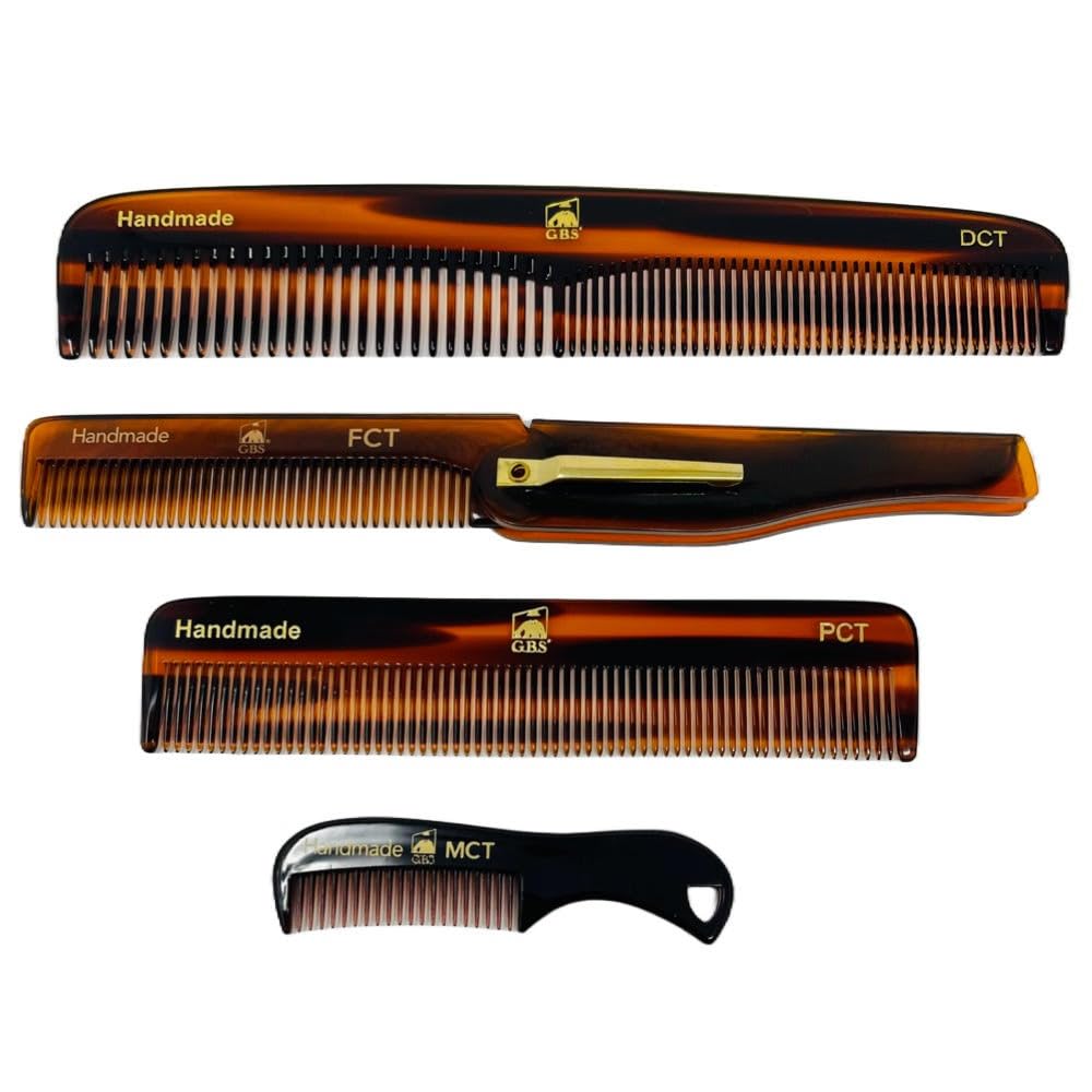 Men's Handmade Anti-Static Sawcut Grooming Hair and Beard Comb Set - Dressing, Folding, Pocket, and Moustache Keychain Combs