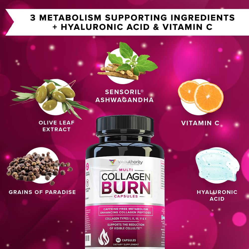Multi Collagen Burn: Multi-Type Hydrolyzed Protein Peptides with Hyaluronic Acid, Vitamin C, SOD B Dimpless, Types I, II, III, V and X, Caffeine-Free (Unflavored Capsules)