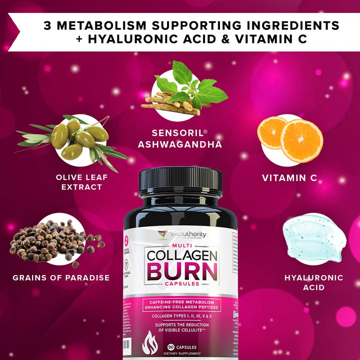 Multi Collagen Burn: Multi-Type Hydrolyzed Protein Peptides with Hyaluronic Acid, Vitamin C, SOD B Dimpless, Types I, II, III, V and X, Caffeine-Free (Unflavored Capsules)