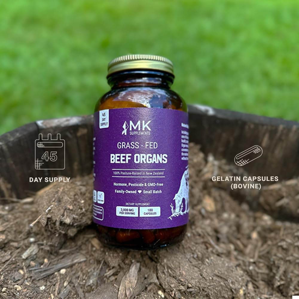MK Supplements – Grass-Fed Beef Organs 3000 mg, 180 Beef Organs Capsules, Multivitamin, 100% Pasture-Raised in New Zealand, 45-Day Supply, Liver, Heart, Kidney, Spleen, Pancreas