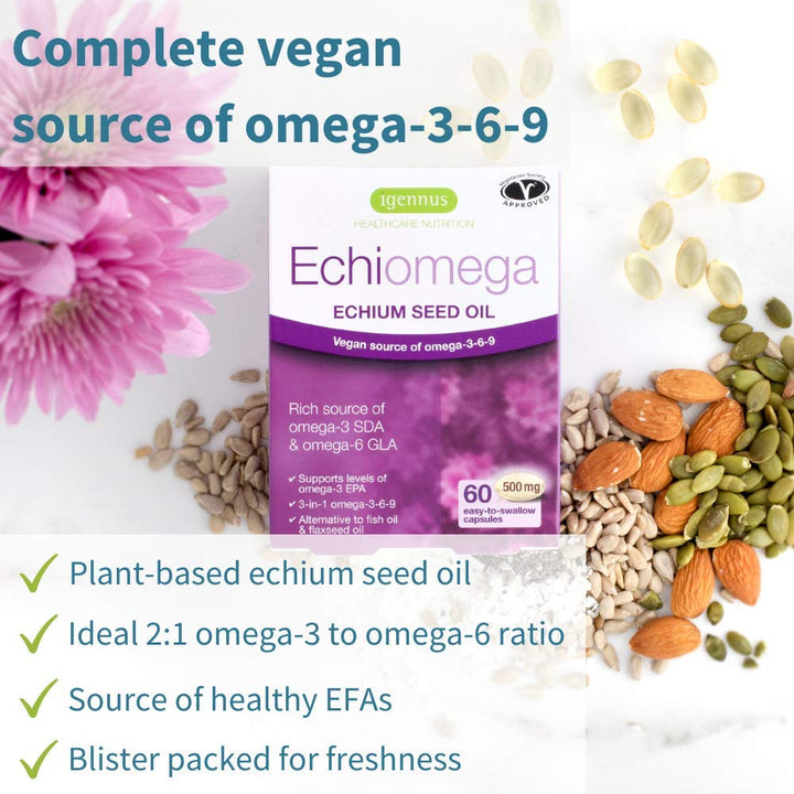 Echiomega Vegan Triple Omega 3 6 9 500 mg, Echium Seed Oil, EFA Supplement for Women with GLA, 60 Softgels