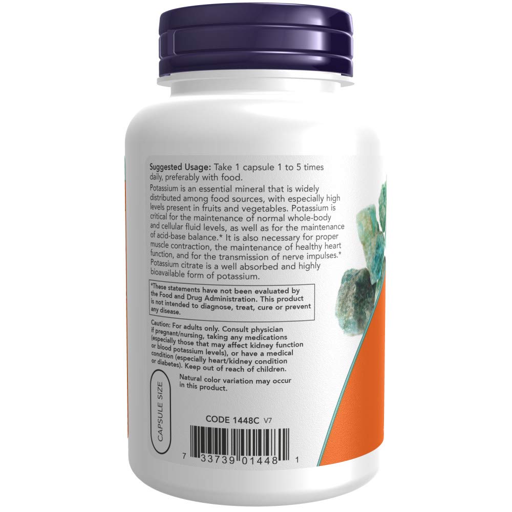 NOW Foods Supplements, Potassium Citrate 99 mg, Supports Electrolyte Balance and Normal pH*, Essential Mineral, 180 veg Capsules