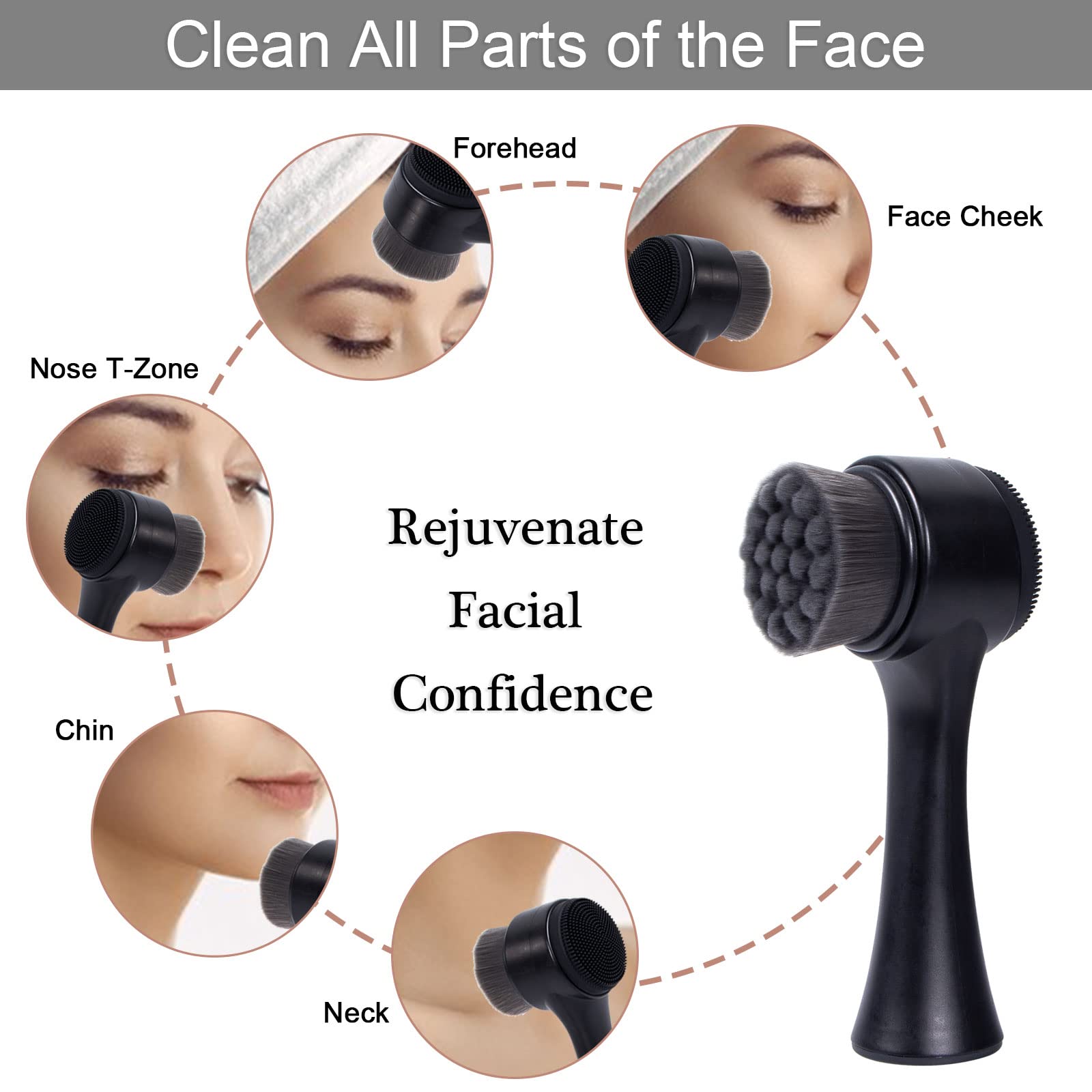 Facial Cleansing Brush 2 in 1, Ooloveminso Face Exfoliating Pore Deep Cleansing Brush, Ultra Fine Soft Bristle Dual Face Wash Brush, Silicone Face Scrubber for Skincare, Black